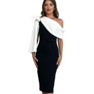 White Bow Black Midi Dress